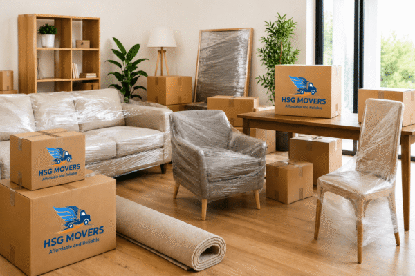 Furniture removalists Adelaide team carefully wrapping and moving a sofa