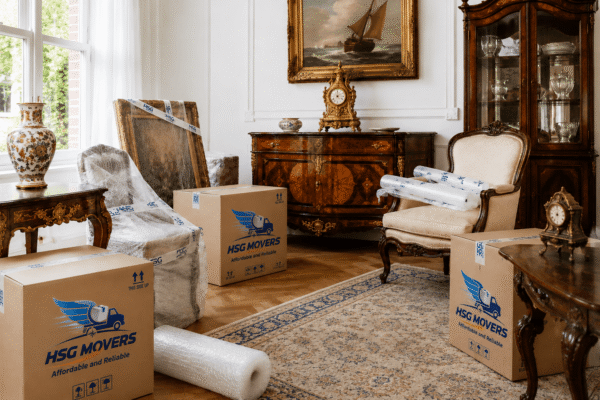 Antique Removal Services Adelaide – HSG Movers crew wrapping a fine timber cabinet