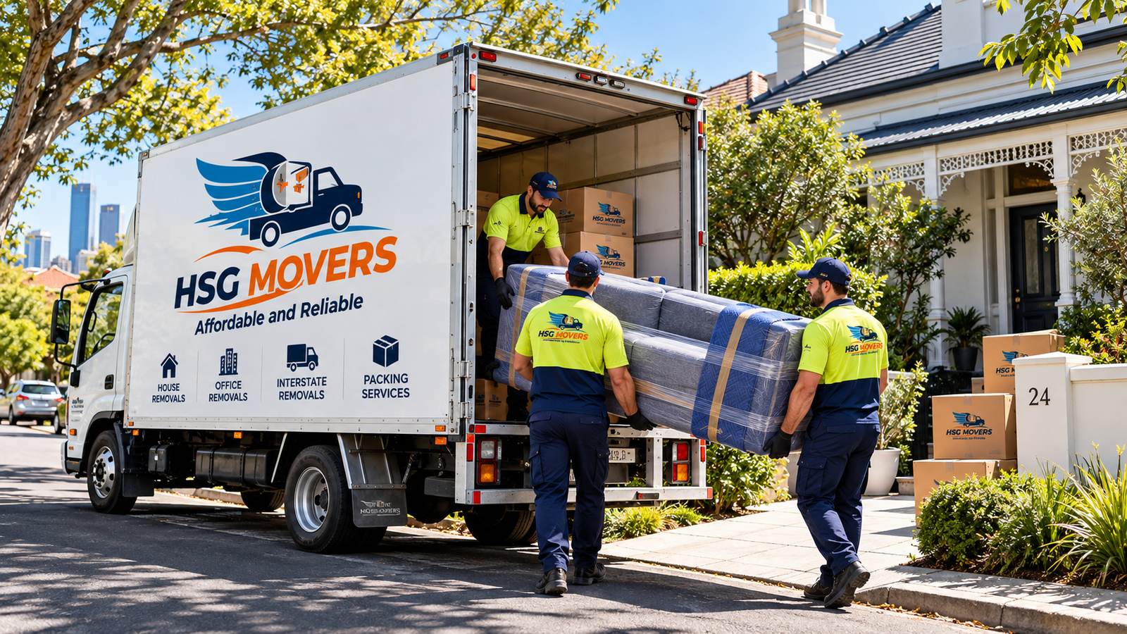 HSG Movers removalist truck on a residential street in Albert Park, Adelaide